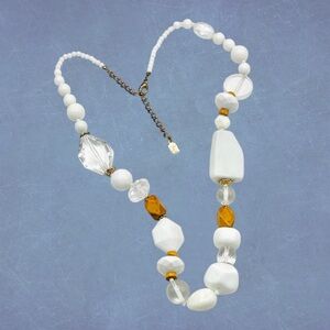 Chunky Vintage White and Clear Lucite Bead Necklace With Wood Accents Statement